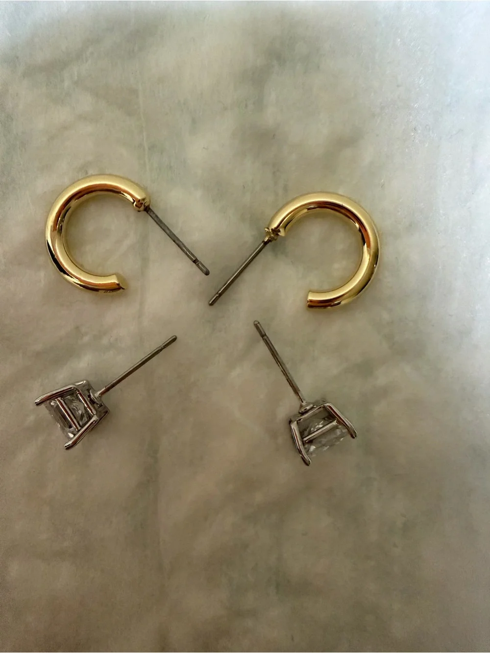 2 earrings; Polished high shine gold-tone C Hoop and Silver-tone Stud Earrings